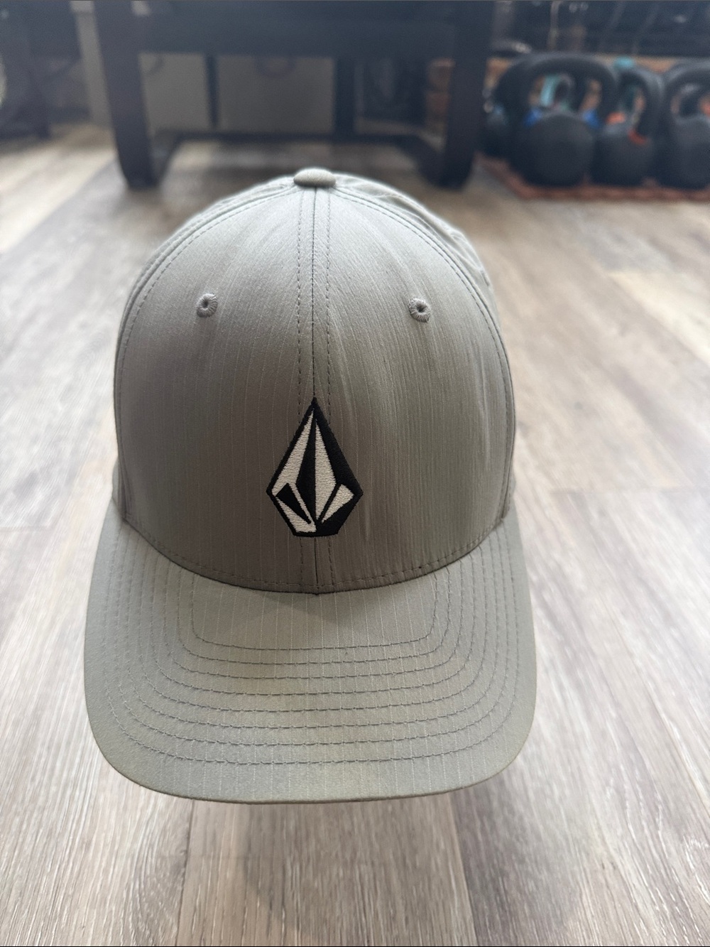 Volcom Light Gray Stone Logo Flexfit Hat shoes some sign of wear